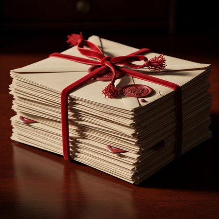 Stack of envelopes tied with a red ribbon on a wooden backgroundの素材