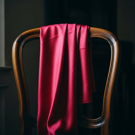 Wedding red satin fabric on a wooden chair in the roomの素材