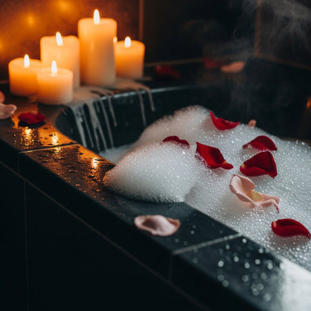 bathtub with rose petals and candles in a spa centre.の素材