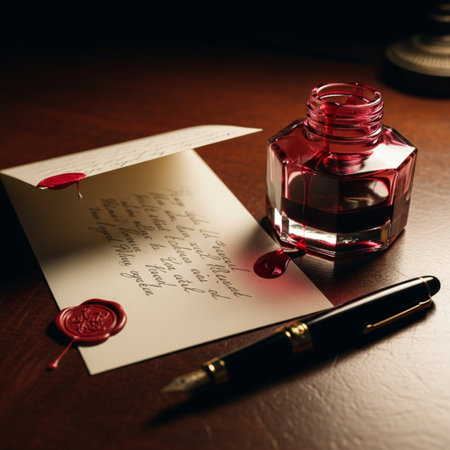 Old fountain pen, inkwell and letter. Retro style toned imageの素材