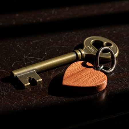 Key with heart shaped keychain on a wooden background. Toned.の素材