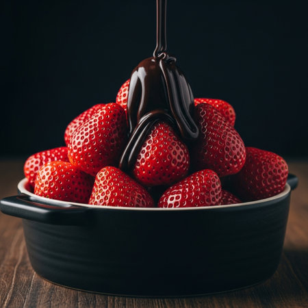 Strawberries in a bowl with chocolate on a wooden table.の素材