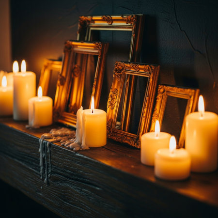 Burning candles and antique frames on a wooden shelf in the roomの素材