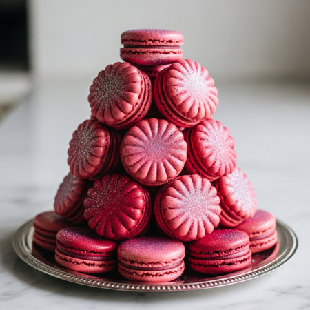 Christmas tree made of pink macarons on a white marble backgroundの素材