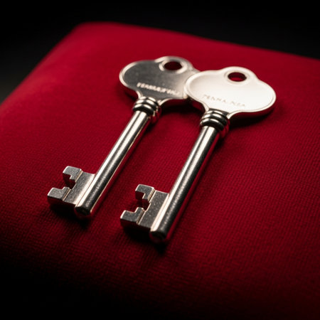 Two keys on a red velvet background. Shallow depth of field.の素材