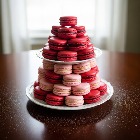 Macarons on a plate on a wooden table. Toned.の素材