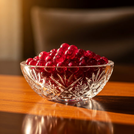 Raspberry berries in a glass bowl on a wooden table in the sunlightの素材