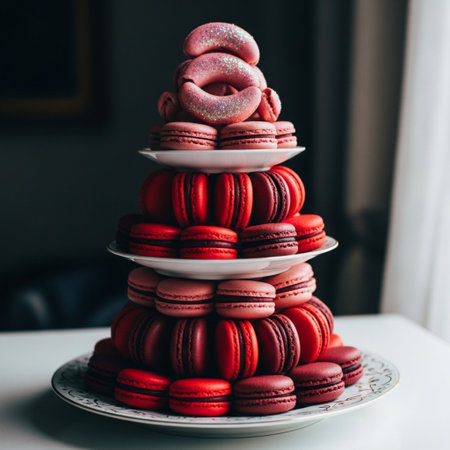 Tower made of red and pink macarons on a white tableの素材