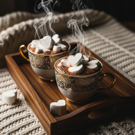 Two cups of hot chocolate with marshmallows on wooden tray. Cozy winter concept.の素材
