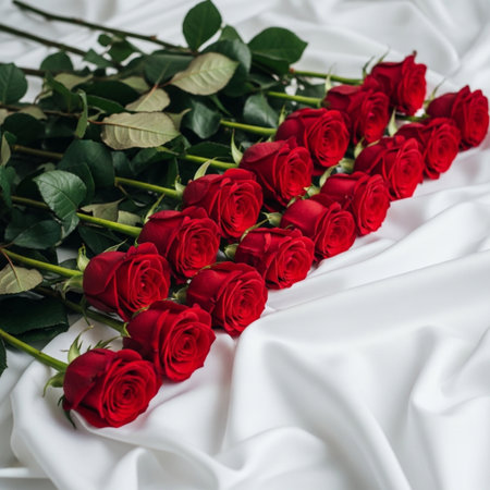 Red roses on white silk background, valentine's day conceptの素材