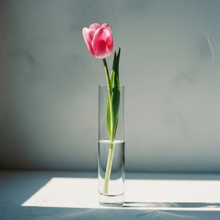 Pink tulip in a glass vase on a white background.の素材
