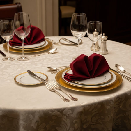 Elegant table setting with red napkins and cutleryの素材
