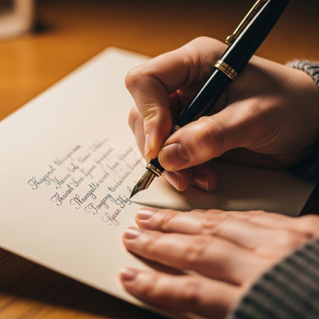 Woman writing in notebook with fountain pen on wooden table, closeupの素材