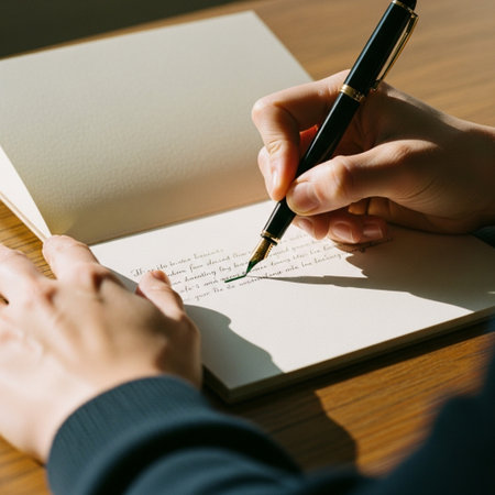 Close-up of human hands writing in notebook with fountain pen.の素材