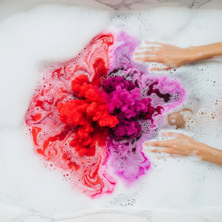 Top view of female hands washing in bathtub with colorful foam.の素材
