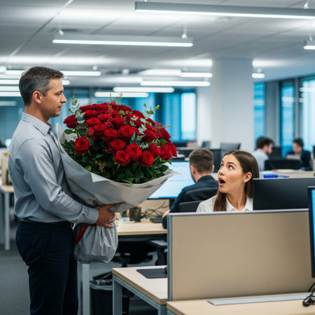 Businessman giving bouquet of red roses to his colleague in officeの素材