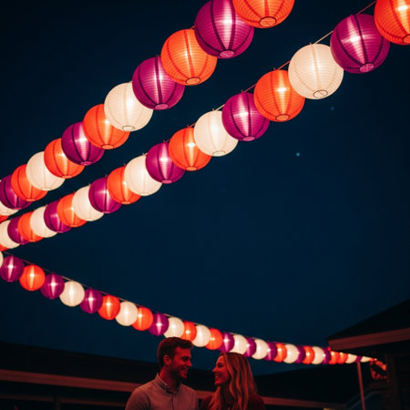 Couple in love holding paper lanterns at night. Love, Valentine's day concept.の素材