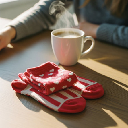 Cup of coffee with red knitted mittens on the tableの素材