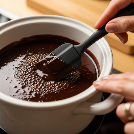 Close-up of a woman's hand making a chocolate cake.の素材