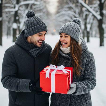 Couple in winter clothes holding gift box and looking at each otherの素材