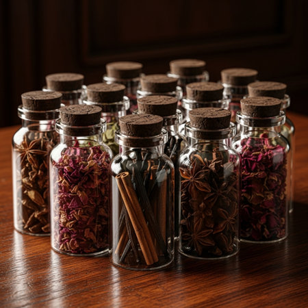 Assortment of spices in glass bottles on wooden table. Selective focusの素材