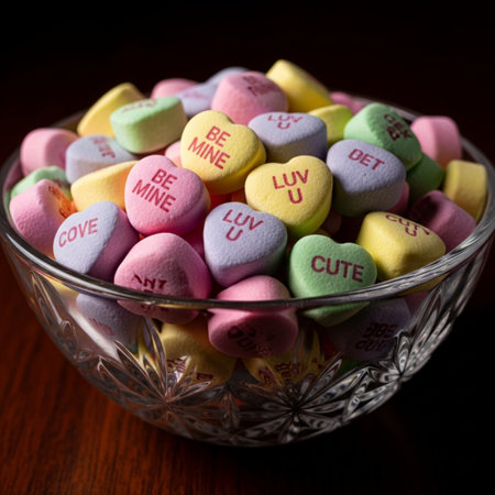 Colorful heart shaped candies in a glass bowl on a dark backgroundの素材