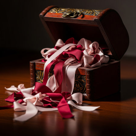Wooden treasure chest with red and white ribbons on a dark backgroundの素材