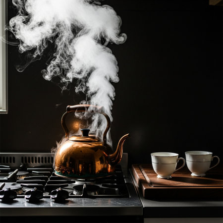 Tea kettle and two cups on the gas stove in the kitchen.の素材