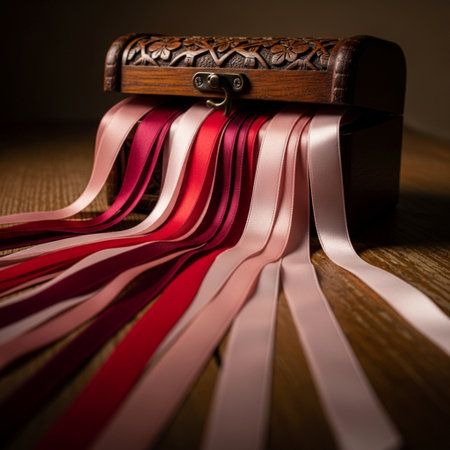Colorful ribbons in a box on a wooden table. Toned.の素材