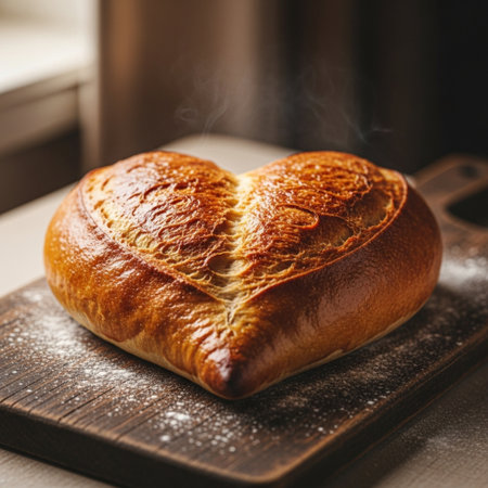 Freshly baked loaf of bread in the shape of a heart on a wooden board.の素材