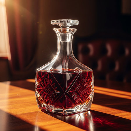 Glass decanter with cognac on a wooden table in the sunlightの素材