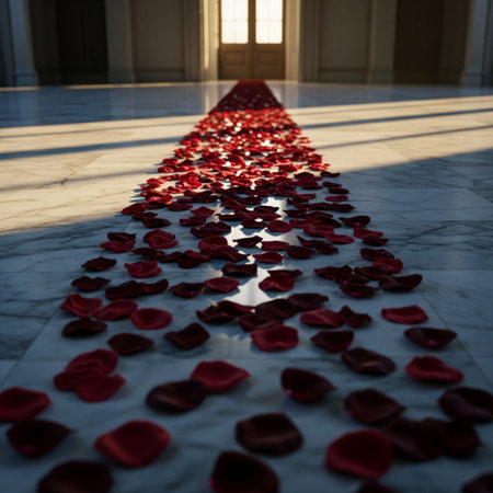 Red rose petalsle floor with sunlight and shadow from windowの素材