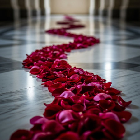 Red rose petals on a floor in a church, shallow depth of fieldの素材