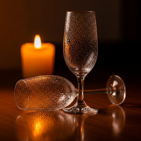 Wine glasses on a wooden table with a burning candle in the backgroundの素材
