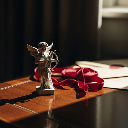 Angel figurine with red ribbon on the table. Valentine's day concept.の素材