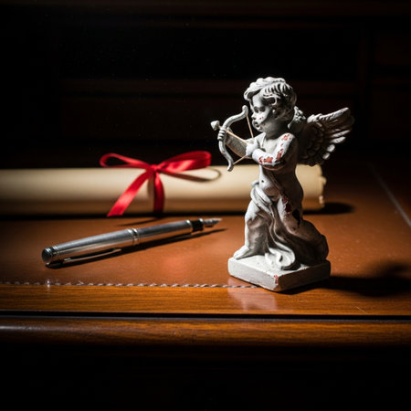 Statue of Cupid with a bow and a book on the tableの素材