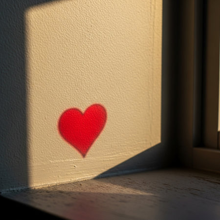 Red heart on the window in the morning light. Love concept.の素材