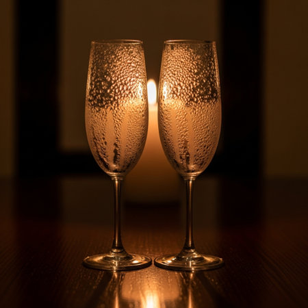 Two glasses of champagne on a wooden table in the dark, close-upの素材