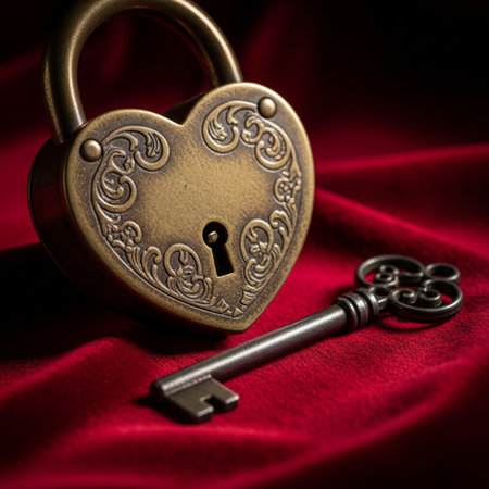 Heart shaped padlock and key on red satin background. Love concept.の素材