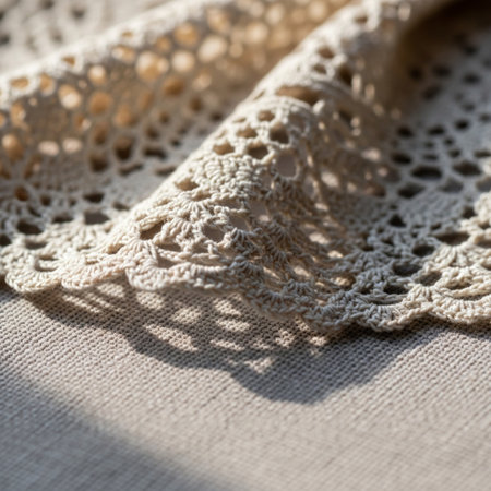 Closeup detail of beige lace fabric texture background with copy space.の素材