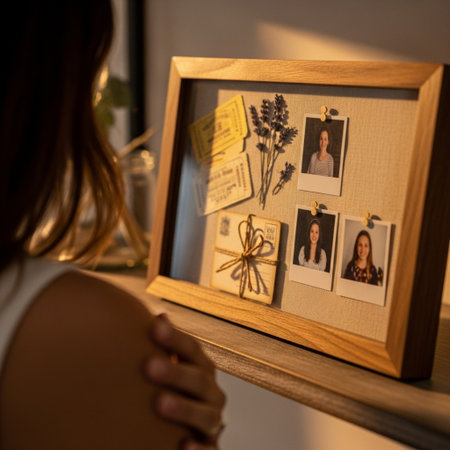 Young woman looking at her photos in a photo frame at home.の素材