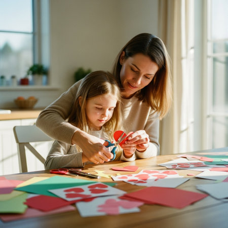 Mother and daughter making origami at home. Happy family. Mother's day.の素材