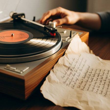 Retro vinyl record player and sheet of paper on the wooden tableの素材