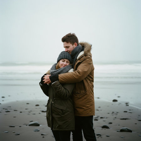 Couple in warm clothes hugging on the seashore at winter timeの素材