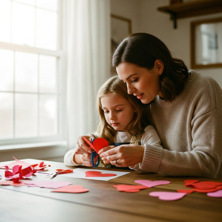 Mother and daughter making greeting card for Valentine's Day. Cute little girl and her mother cutting red paper hearts.の素材