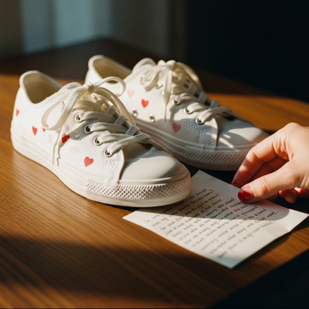 Female hand with red manicure and white sneakers on wooden table.の素材