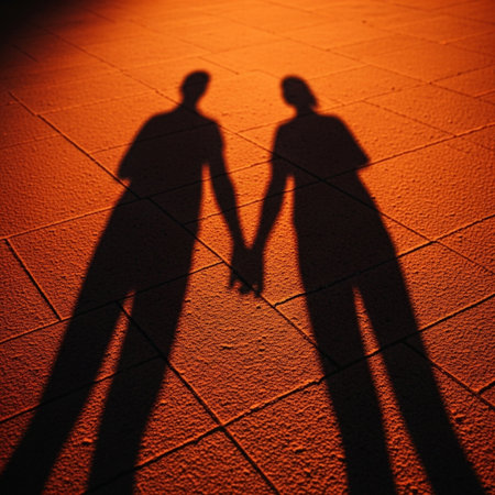 Silhouette of a man and a woman holding hands on the pavementの素材
