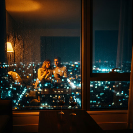 Night view from the window to the city. Couple in love on a date.の素材