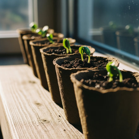 Plant seedlings in peat pots on the windowsill. Selective focus.の素材