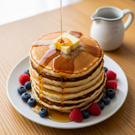 Stack of pancakes with honey and berries on wooden table, closeupの素材